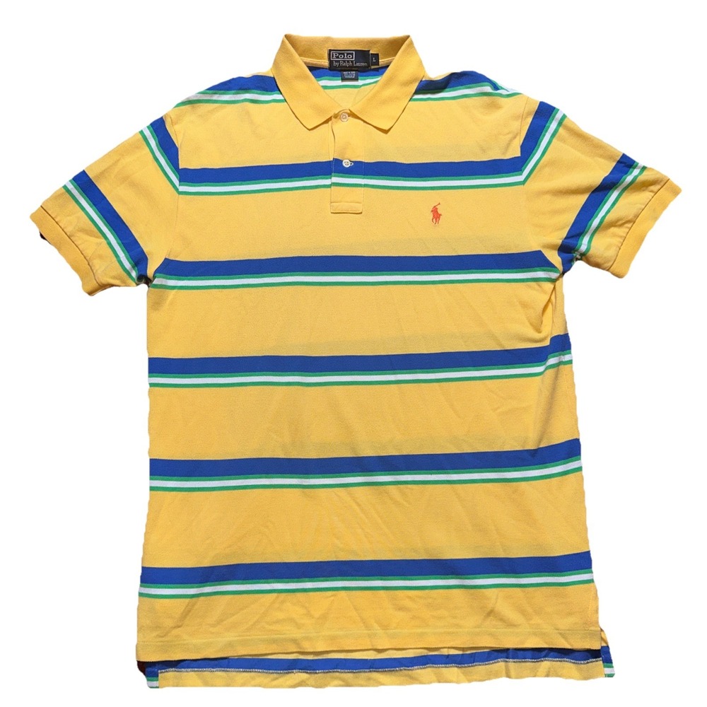 Ralph Lauren Polo Shirt Men L Yellow Blue Green Striped Short Sleeve Rugby